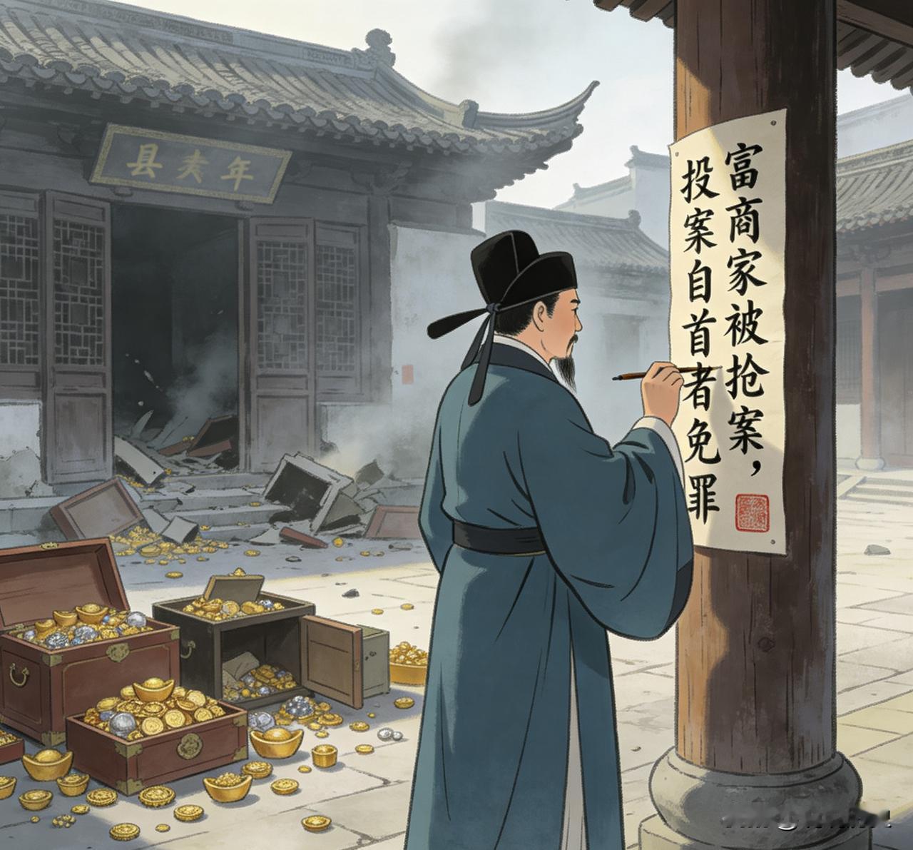 嘉靖七年，富商家被抢，抓不到凶手时，县太爷贴出告示：首位自首者，免罪。三天后，他