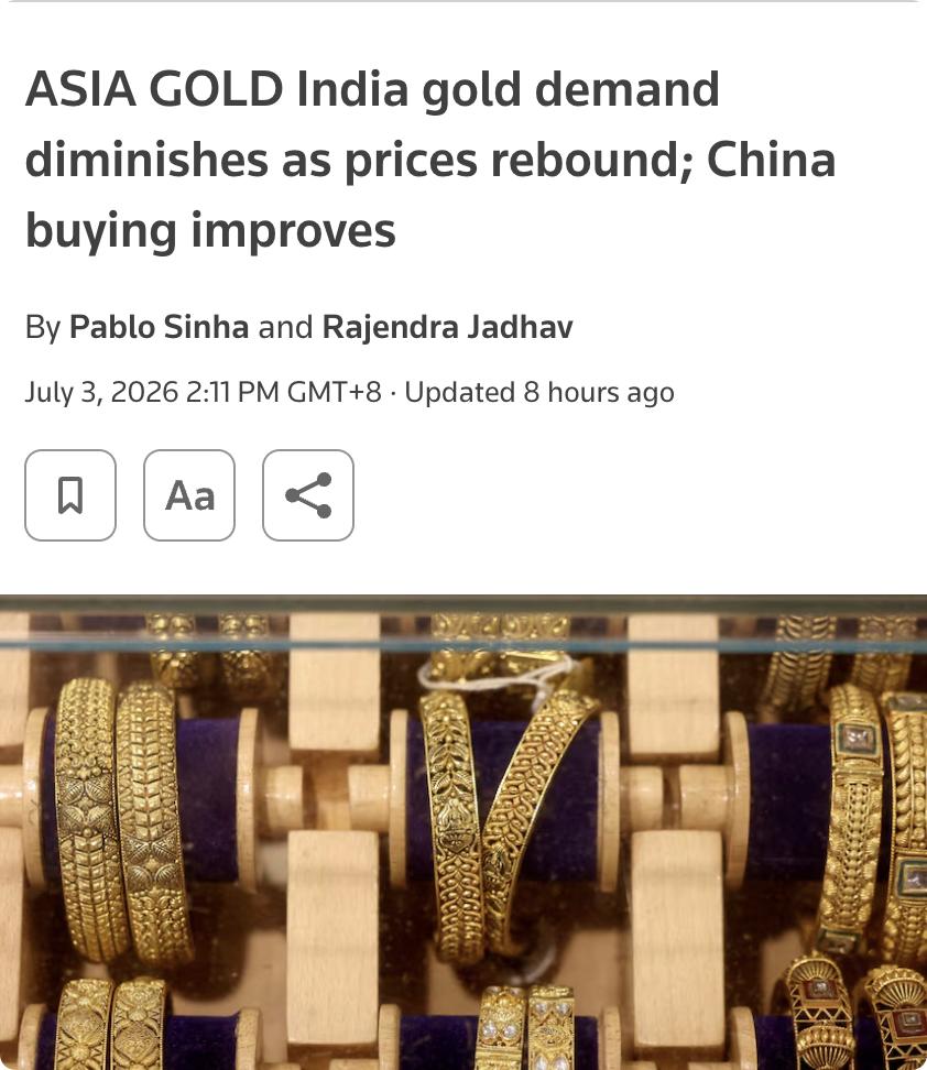 外媒：金价从三个月低点反弹后，印度本周黄金需求有所降温，中国买盘则略有改善。
