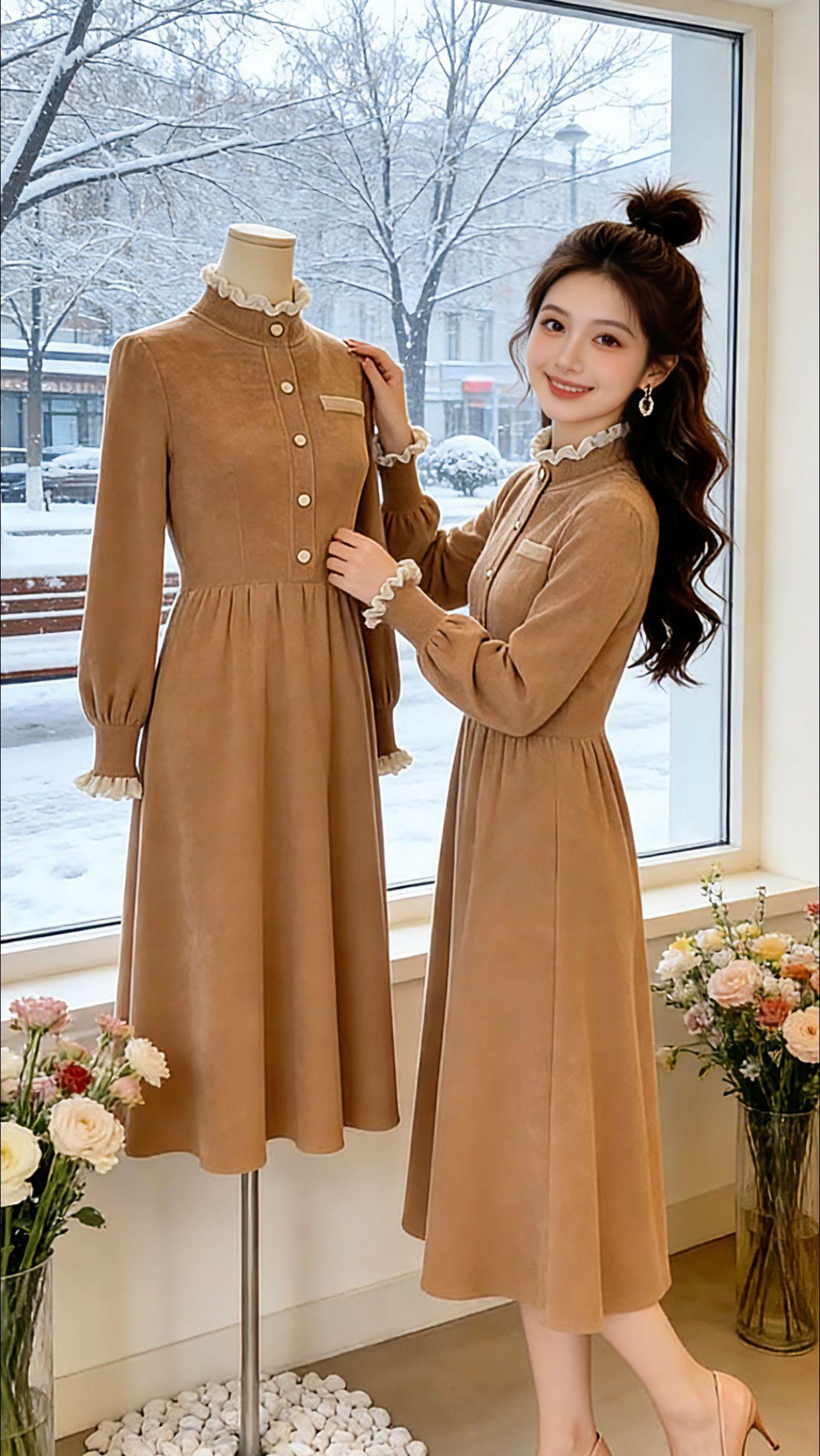 Danny以前总愁冬天大衣里的内搭太单调，直到遇到这条卡其色针织裙。复古木耳边立