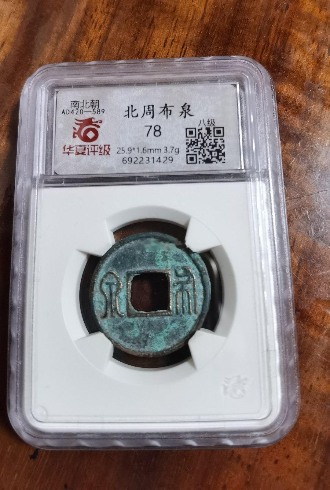 今天收了一枚南北朝时“北周三美”之一的【布泉】。这个评分有点低了，82分应该有的