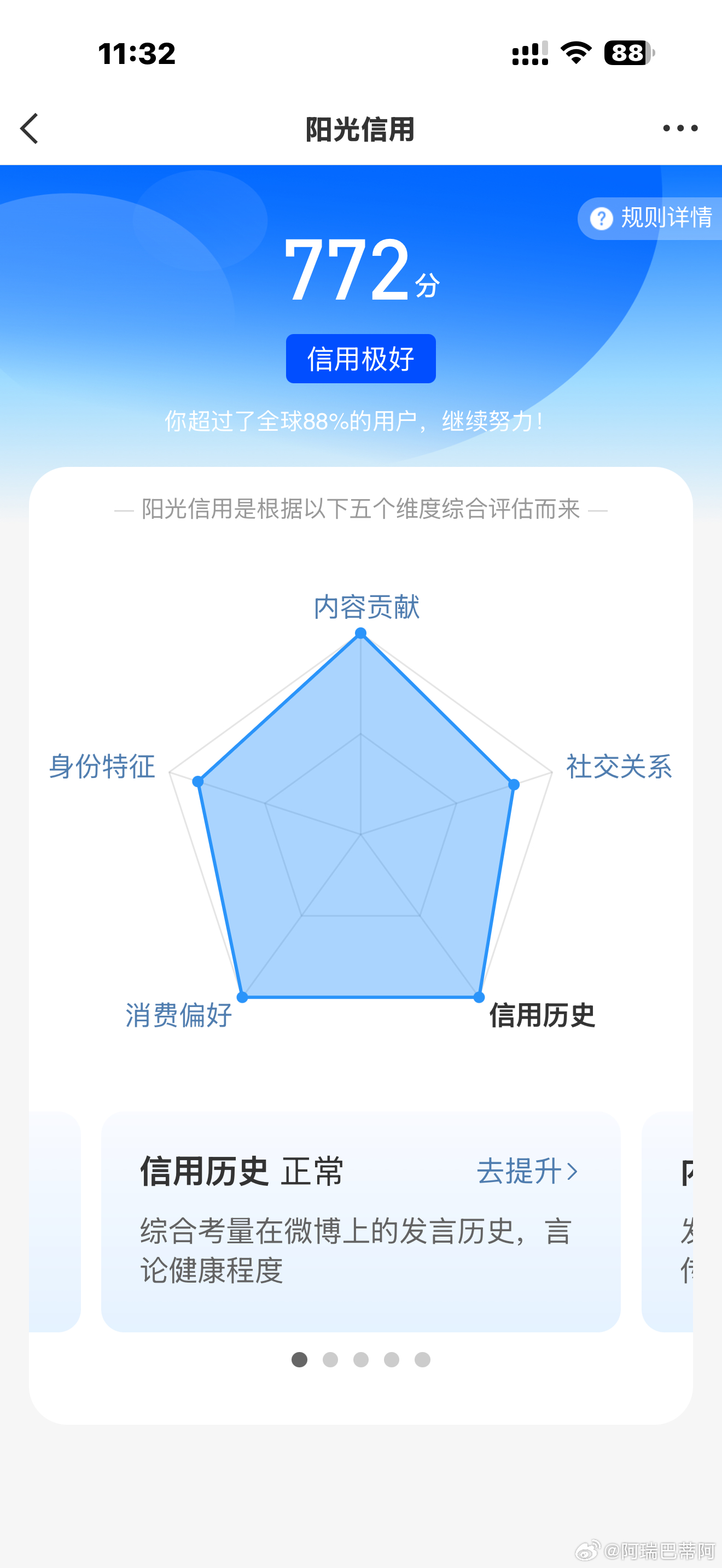 你们快看看你们的信用分应该涨了，我昨天看我是764 今天772 