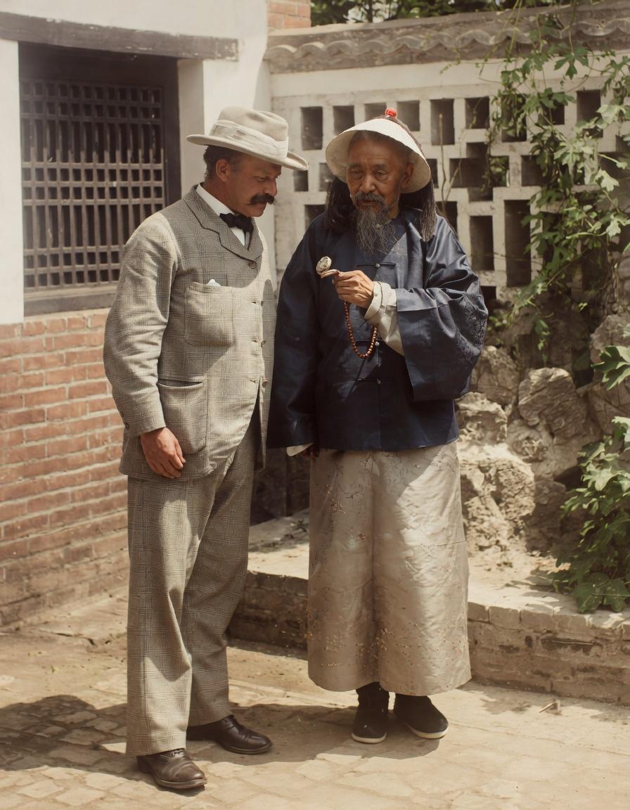 1903年，北京，照片左侧是英国驻华外交专员，他身西式西装礼帽，站在庭院之中；身