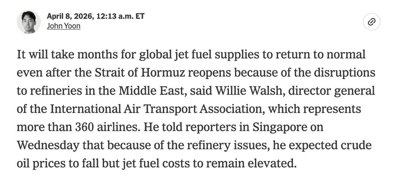 国际航空运输协会（IATA）总干事威利·沃尔什警告，即便霍尔木兹海峡恢复通航，全