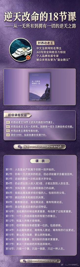报名《逆天改命的18节课》同学请注意，今天是课程优惠价最后1天。下图是我们课程的