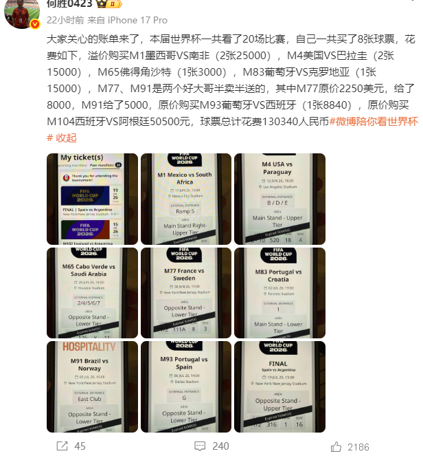 退钱哥晒出本届世界杯球票账单，8张票花了130340元，决赛一张就50500元。