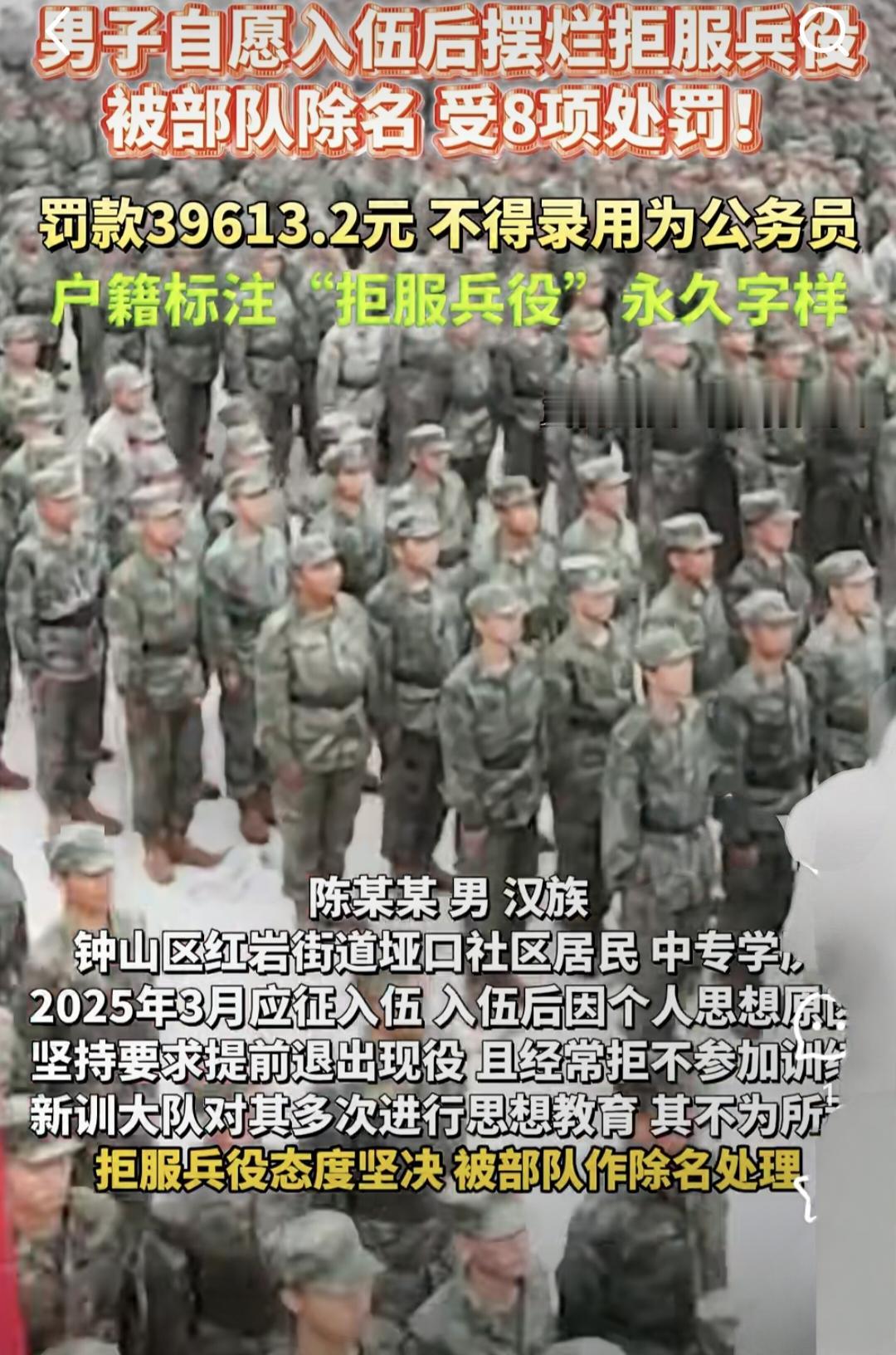 你这样做后悔了没
贵州小伙拒服兵役
8项重罚钉死人生！
 
大学生陈某某真把当兵
