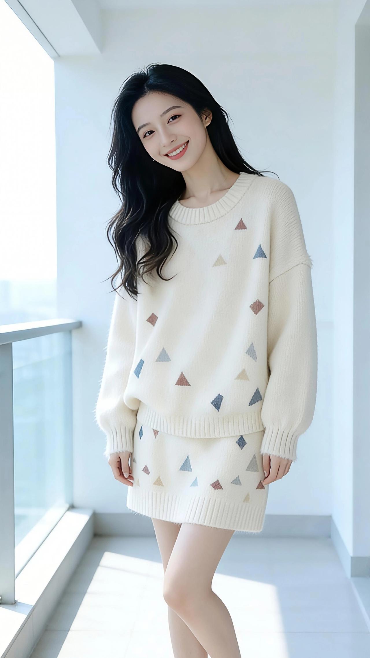 暖冬织梦
 
冬日的阳台，是被阳光揉碎了的温柔角落。年轻的姑娘立在光里，奶白色的