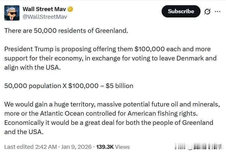 格陵兰有 5 万居民。

川普总统提议向每位居民支付 10 万美元，并提供更多经