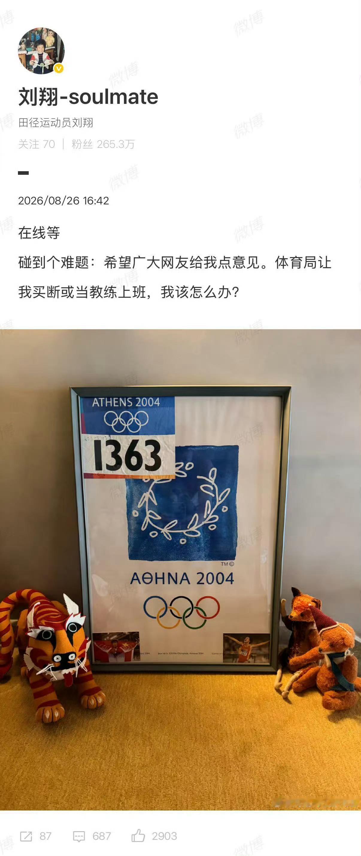 刘翔晒2004年雅典奥运会号码布刘翔求助 破防！刘翔晒出雅典奥运1363号夺冠号