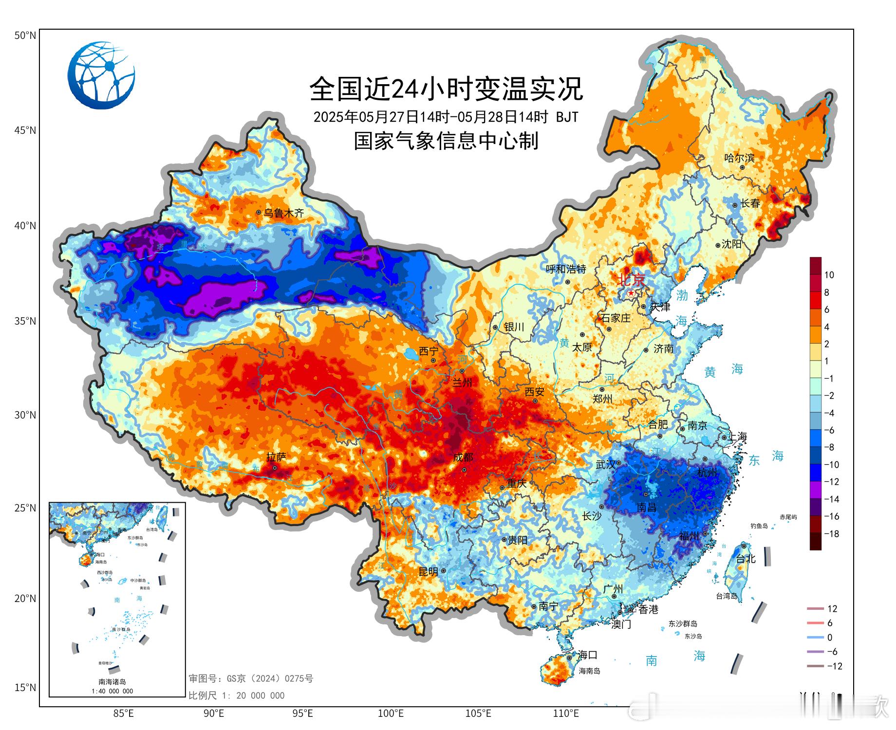 【降温】今天下午对比昨天下午，新疆南部、甘肃西部因为冷空气影响，出现了8-16℃