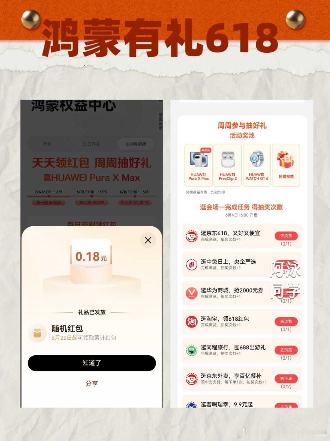 在鸿蒙6系统的负一屏点击“鸿蒙有礼”就可以进入领红包和抽奖了，截止到6月21日。