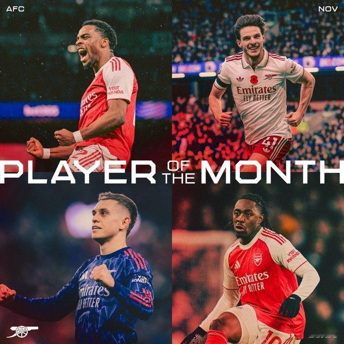 阿森纳11月最佳球员候选名单：廷贝尔、赖斯、特罗萨德、埃泽阿森纳 英超联赛