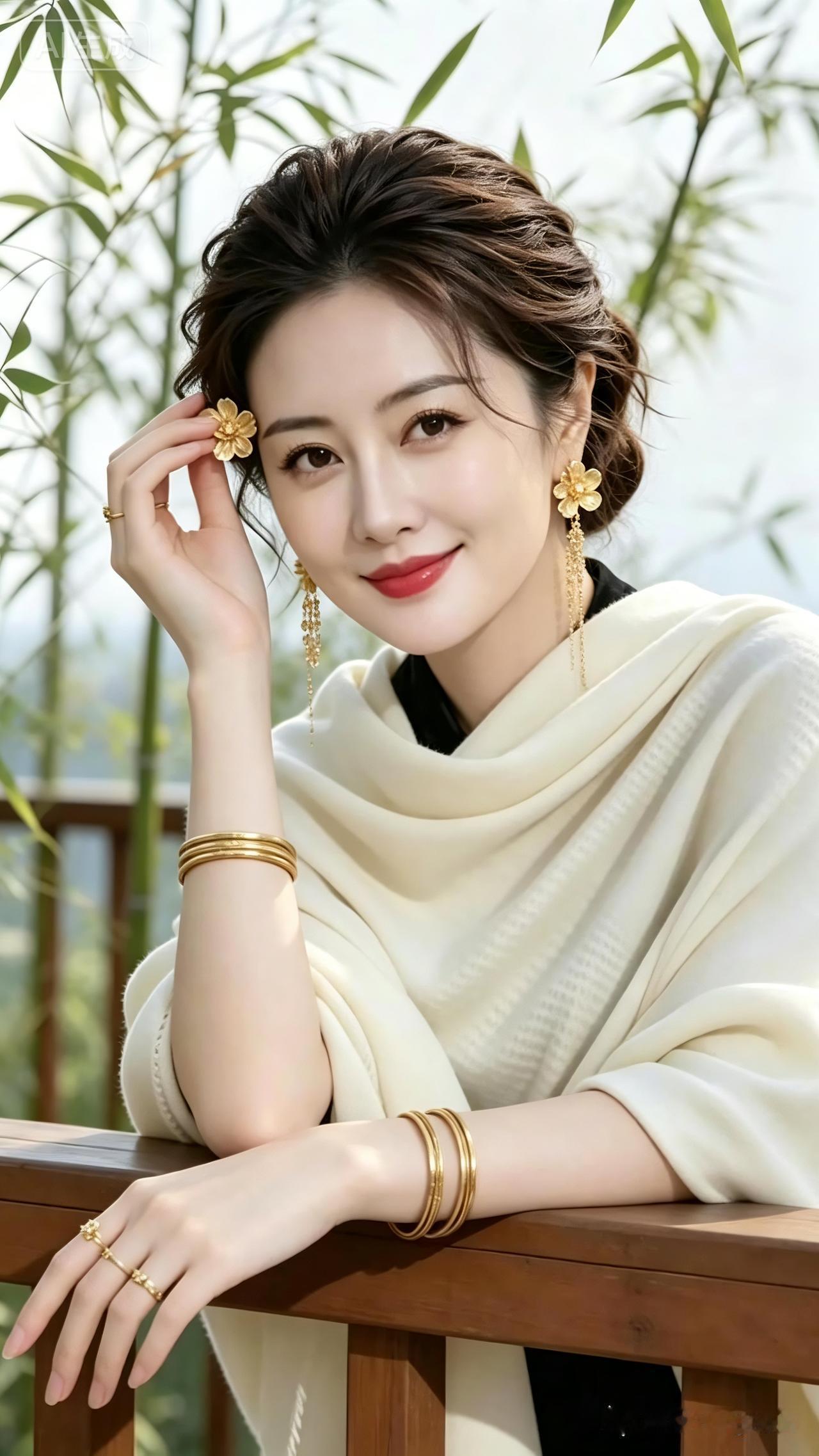 这位美女在户外享受阳光，优雅迷人。
