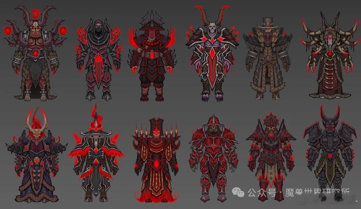 魔兽玩家自制暗影国度温西尔主题全职业护甲套装，对应职业如下：上排： 德鲁伊、潜行