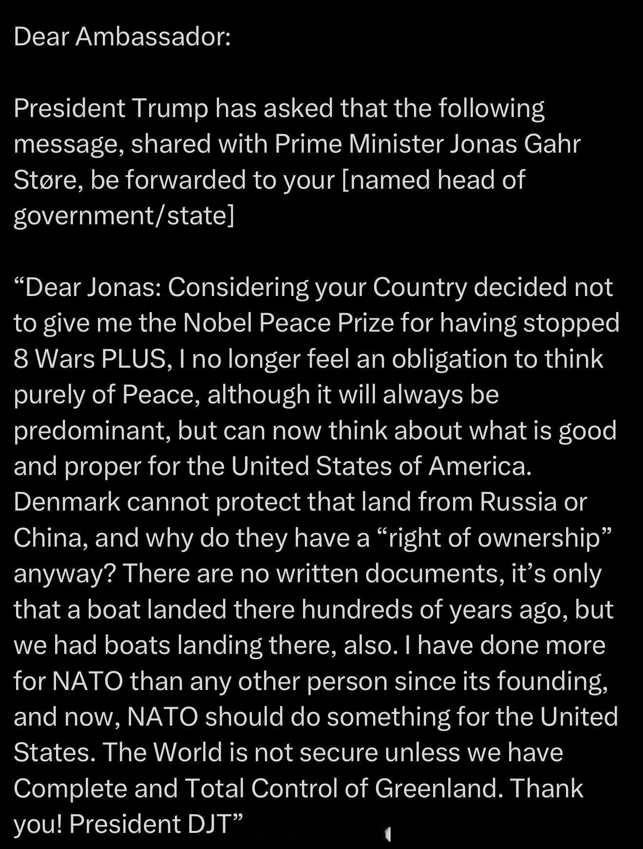 川普给挪威首相Jonas Gahr Støre写的信：“亲爱的Jonas：鉴于你