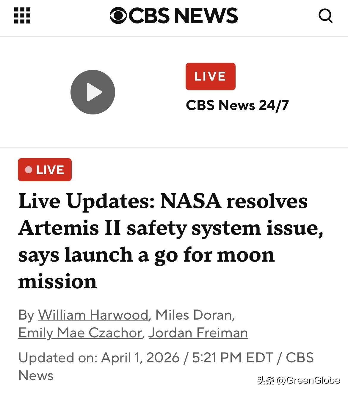 CBS实时更新NASA发射：美国宇航局解决了阿耳忒弥斯二号安全系统问题，正在发射
