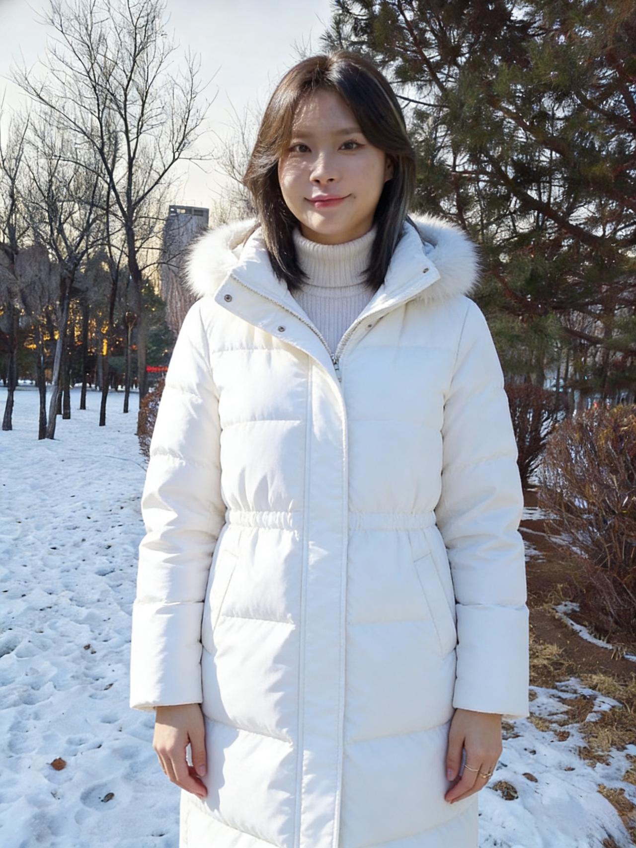 玉骨冰姿立雪间，白裘轻裹胜仙颜。
嫣然一笑惊寒色，疑是梅花落世间。