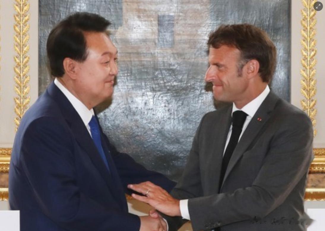 尹大统领到法国，小马会见了他。两个人的手如违的亲兄弟般紧紧握在一起。大统领表示，