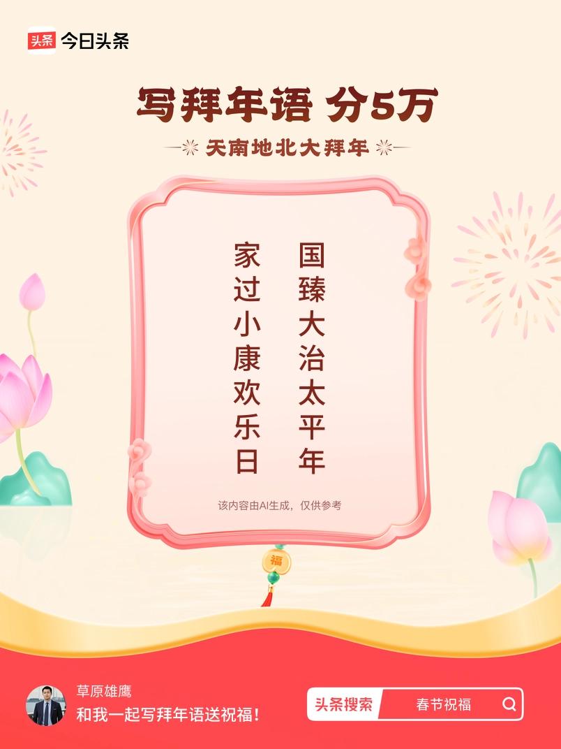写拜年语送祝福新春拜年送祝福！我的祝福是：“家过小康欢乐日，国臻大治太平年”！快