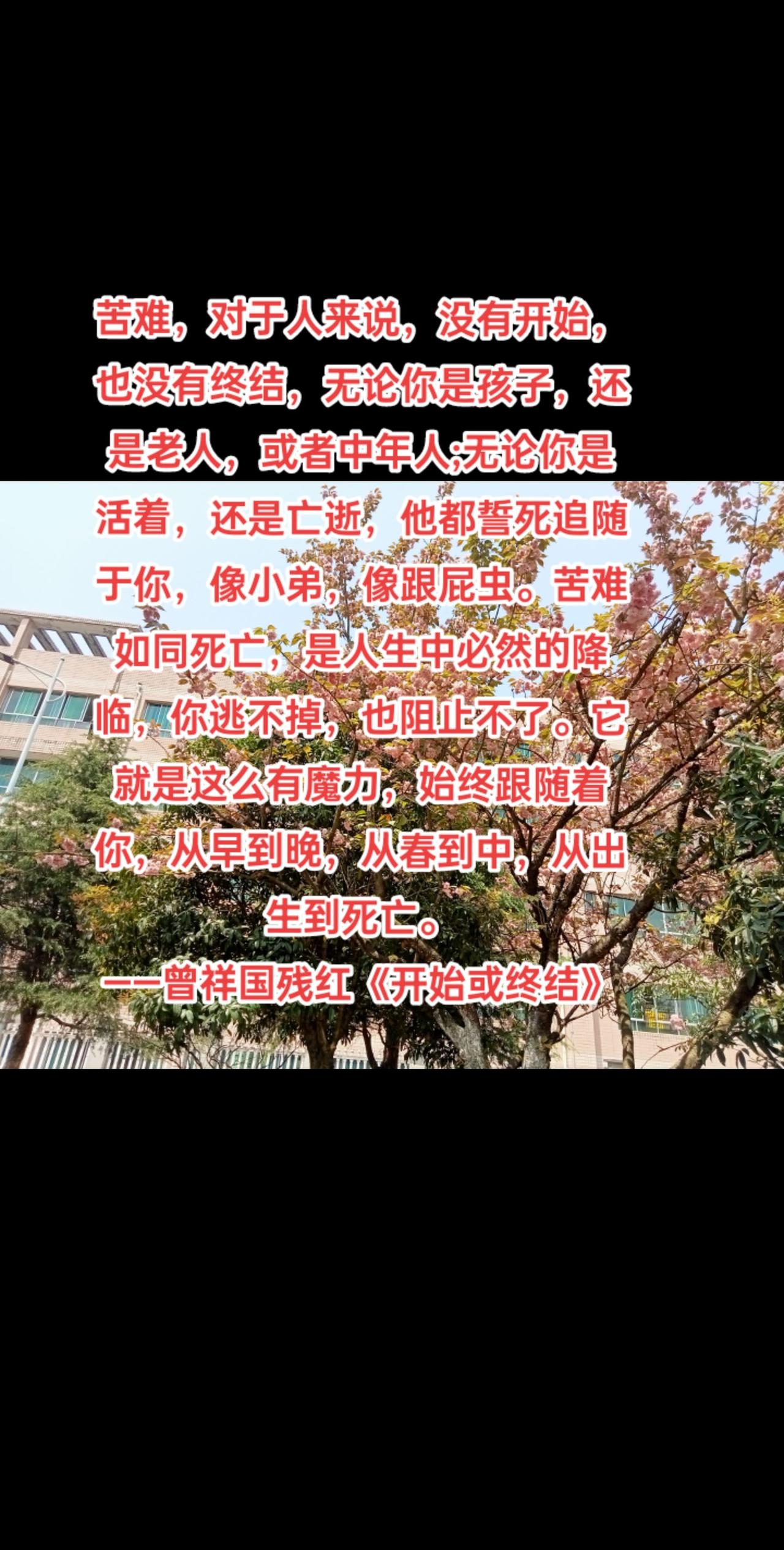 苦难，对于人来说，没有开始，也没有终结，无论你是孩子，还是老人，或者中年人;无论