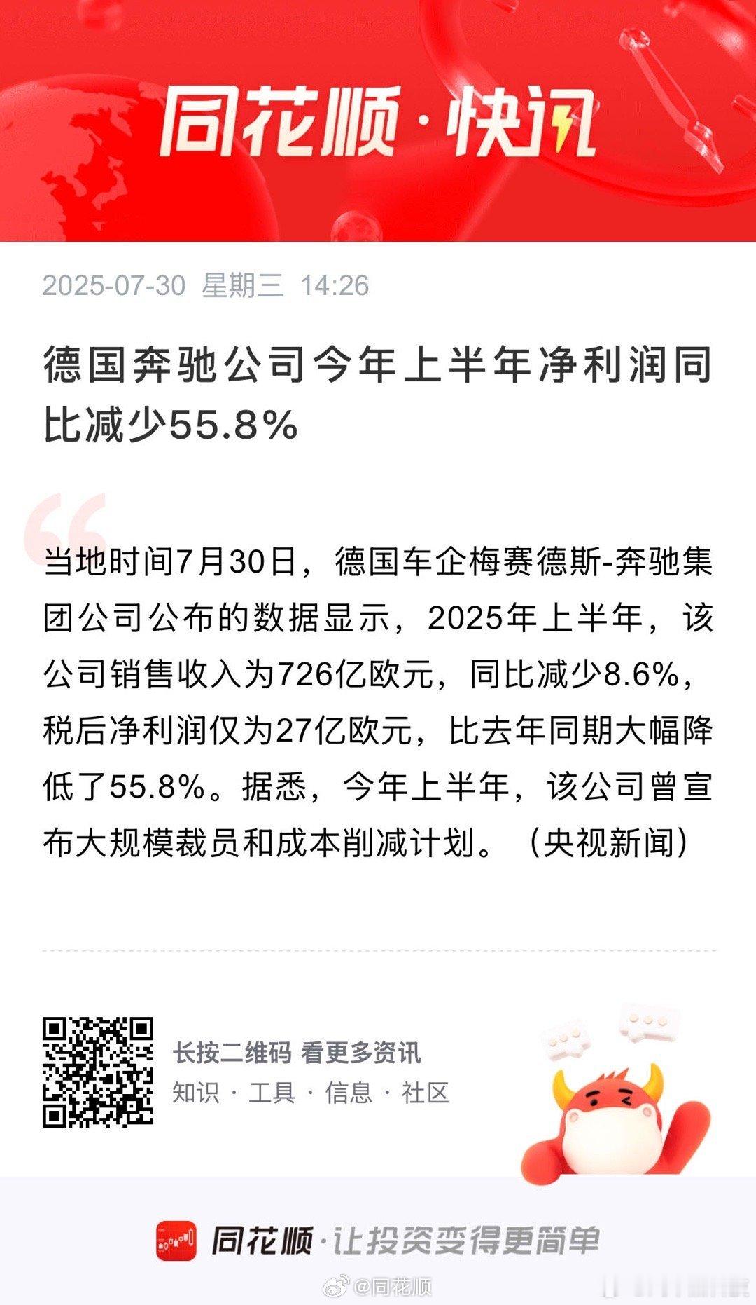 【奔驰2025年上半年净利润同比大降55.8% 税后净利润仅为27亿欧元】 当地