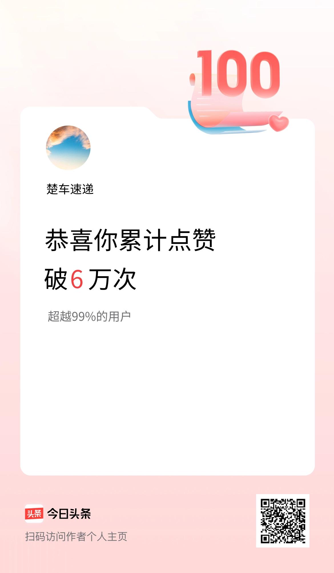 我在头条累计点赞破6万啦！