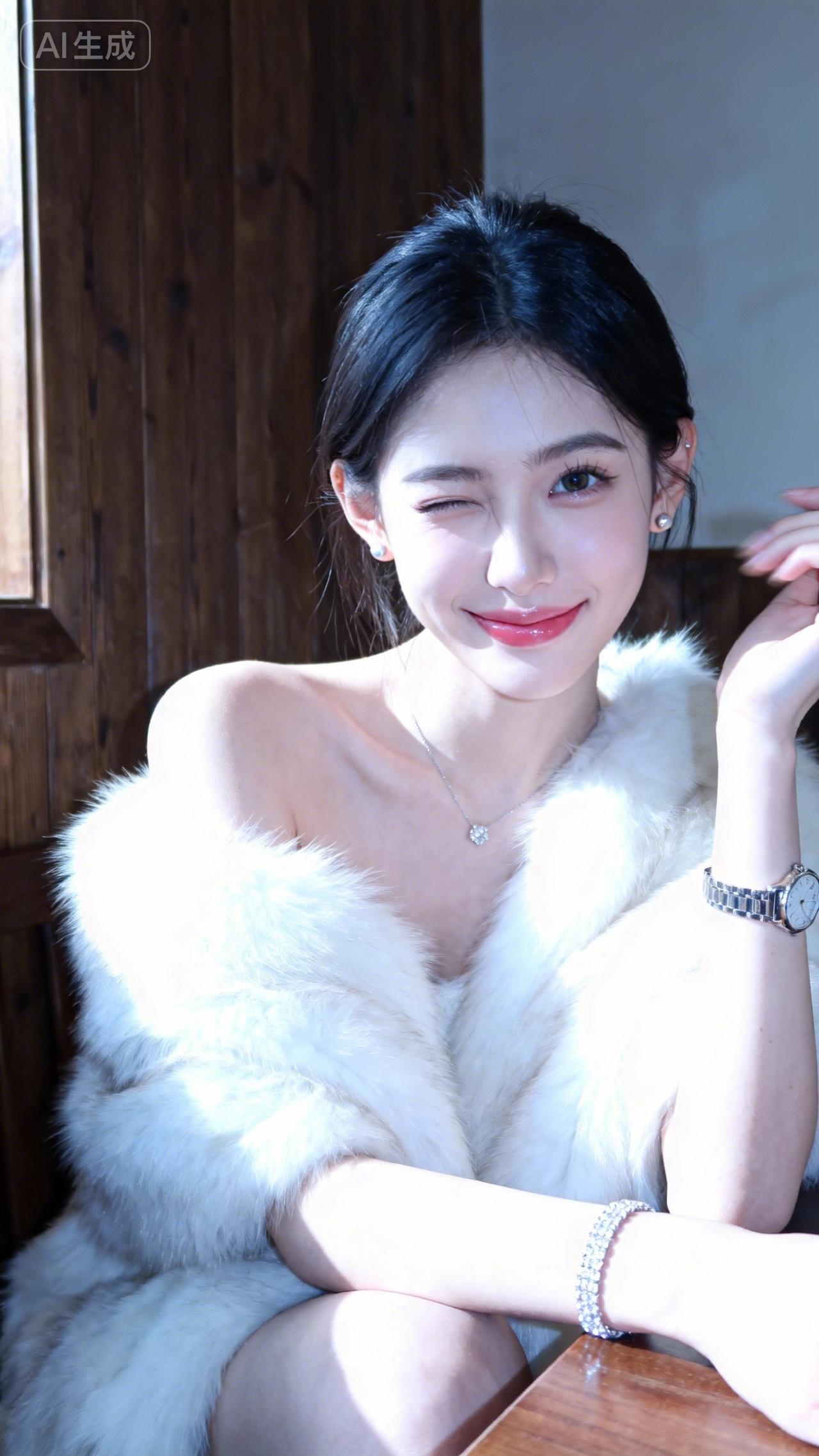 冬日暖阳下，白毛绒外套少女，甜美微笑，温暖如春。上联：冬去山明水秀，下联：请你来