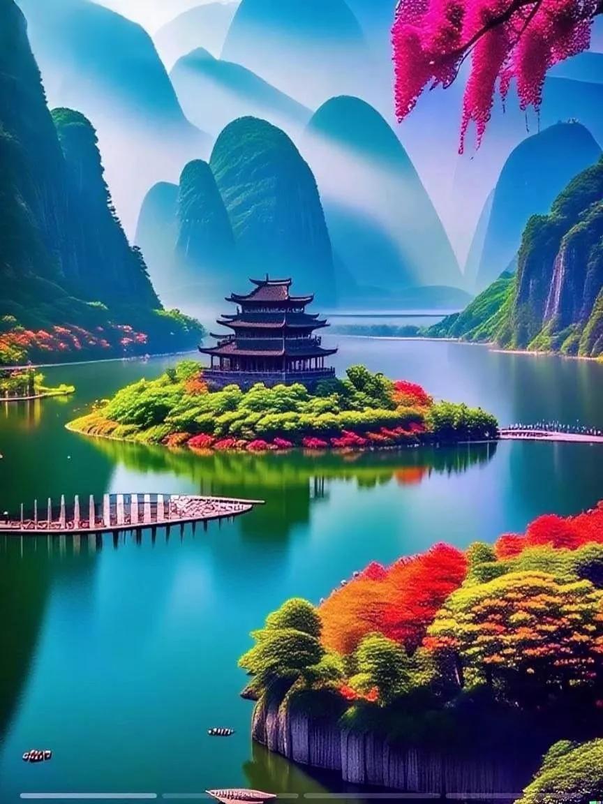 画里山水，心上桃源
 
这一幅山水，是天地泼墨成画，是心尖上难以名状的桃源胜境。