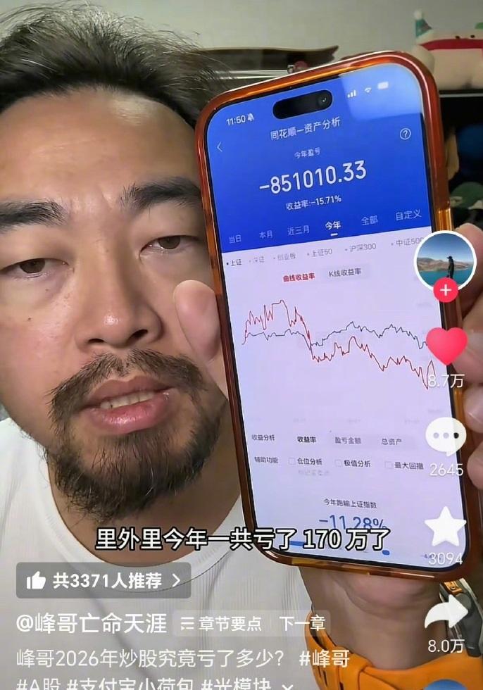 百万网红峰哥晒出炒股盈亏记录：今年已血亏170万，不怨任何人，最对不起家人。