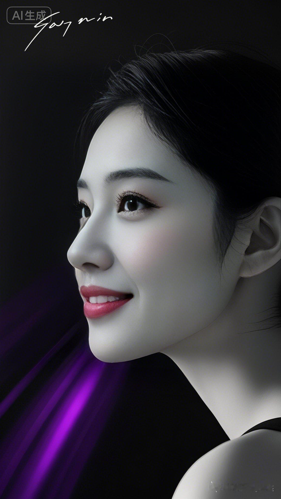 AI生成的梦幻少女，温柔微笑，紫色光影中散发迷人魅力。