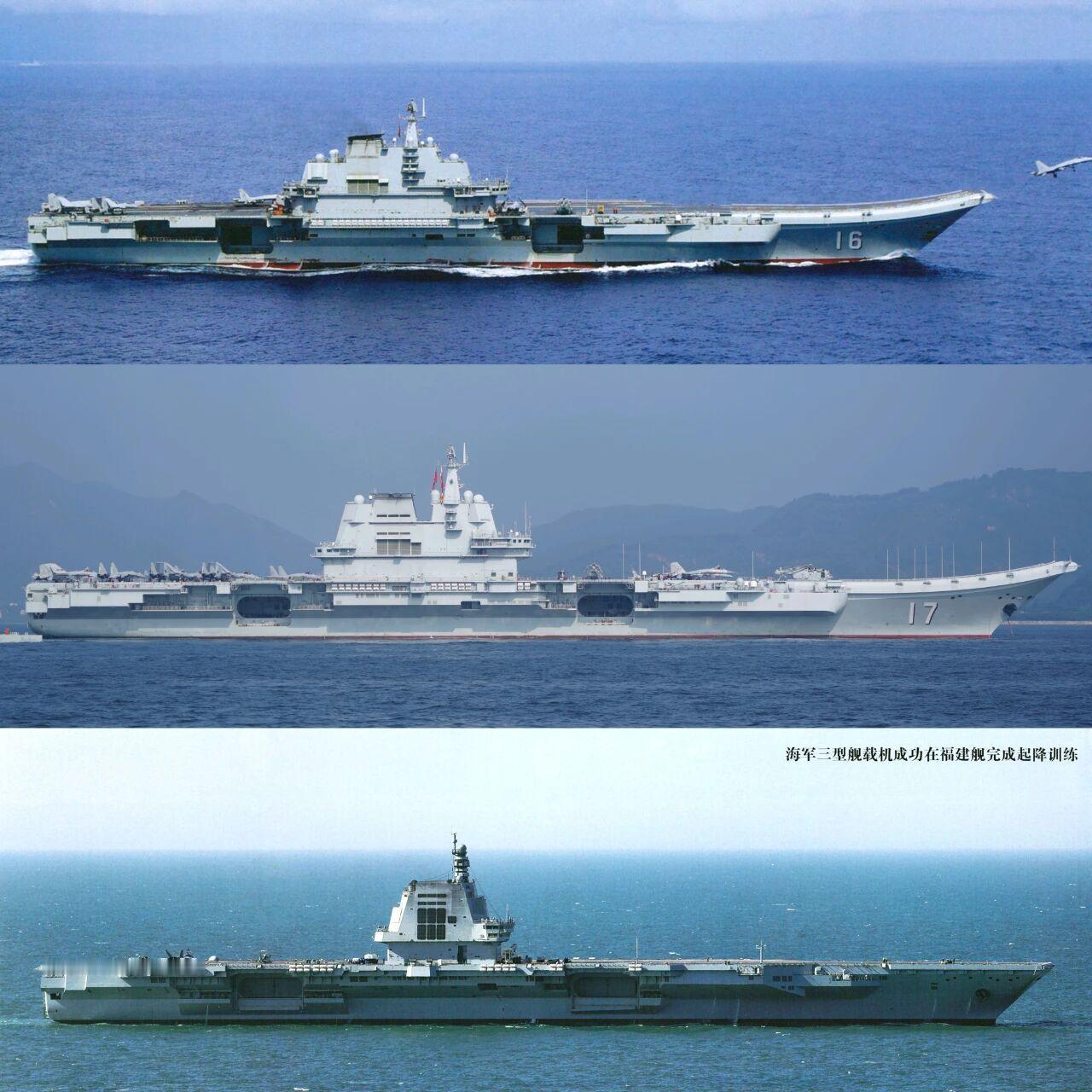 中国海军3航母侧视图同框对比，这张图并不是等比例的，但根据实际长度数据可以知道，