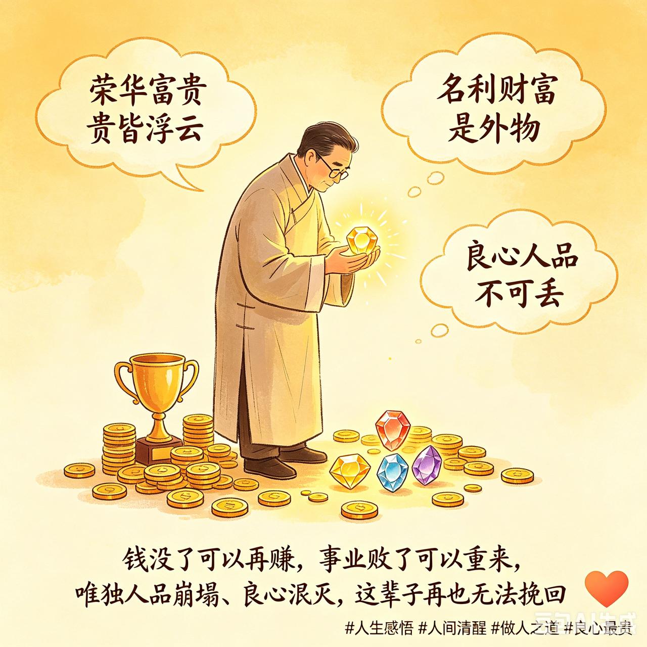 人这一生，荣华富贵都是浮云，名利财富皆是外物。
 
一个人一旦弄丢了良心、丢掉了