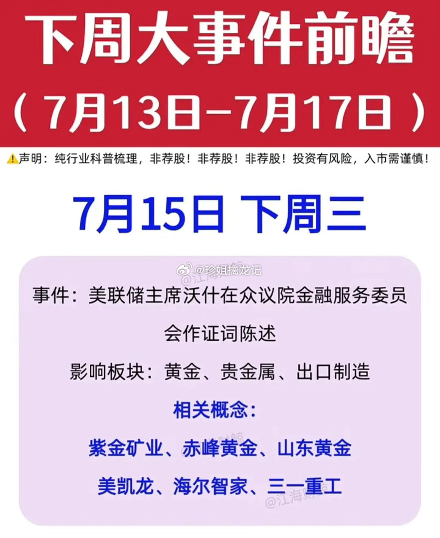 📅 下周大事件前瞻（7月13日-7月17日） 📈纯行业科普梳理，非荐股！投资