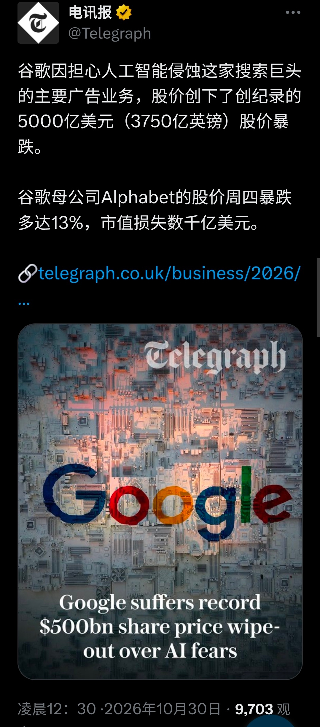 由于谷歌搜索业务的收入已连续第二季度低于预期，导致股票价格大跌。华尔街分析师们早