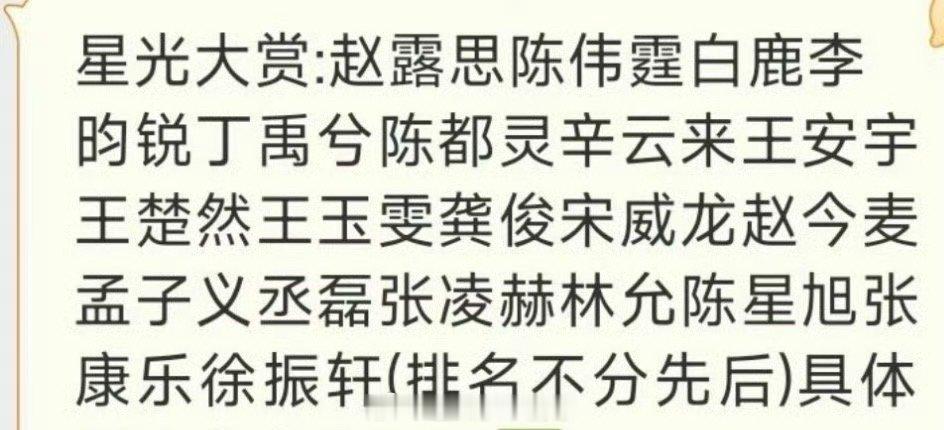 星光大赏参加明星名单🈶赵露思、陈伟霆、白鹿、李昀锐、丁禹兮、陈都灵、辛云来、王