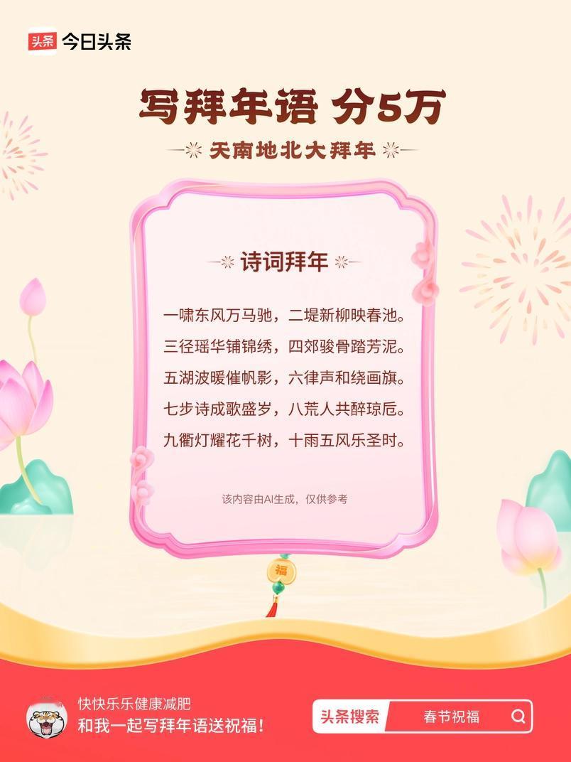 写拜年语送祝福新春拜年送祝福！我的祝福是：“一啸东风万马驰，二堤新柳映春池。三径