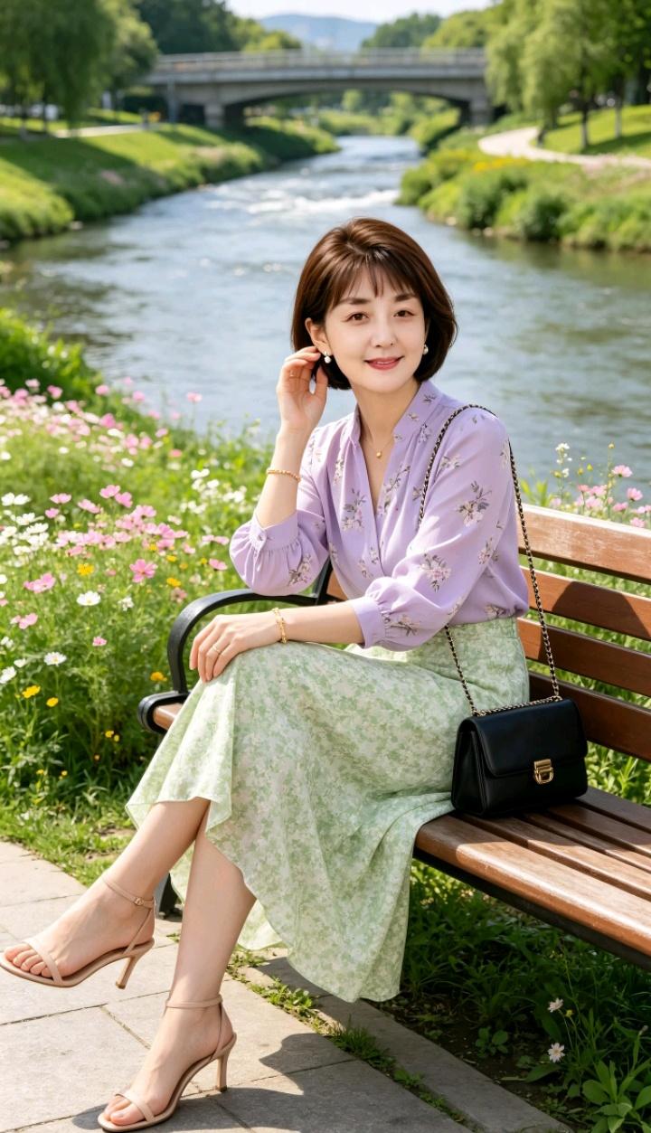 一个女人坐在公园长椅上，风景很美。大美女的时尚穿搭分享 美女休闲风穿搭 湖边长椅