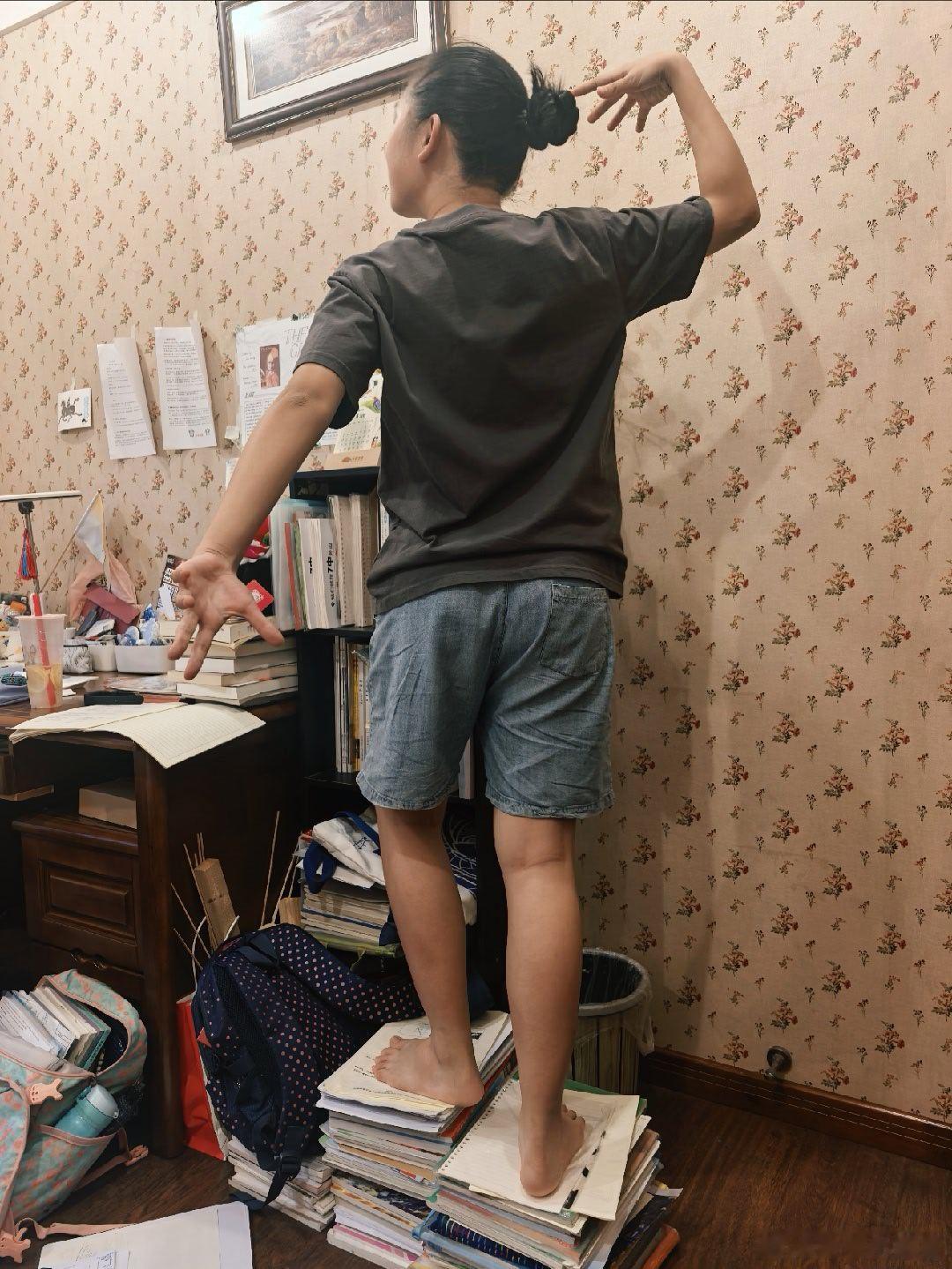 逗比小孩 鱼姐清理着她如山的暑假作业，搞着搞着，就站在书堆上，大声感叹：哇，被知