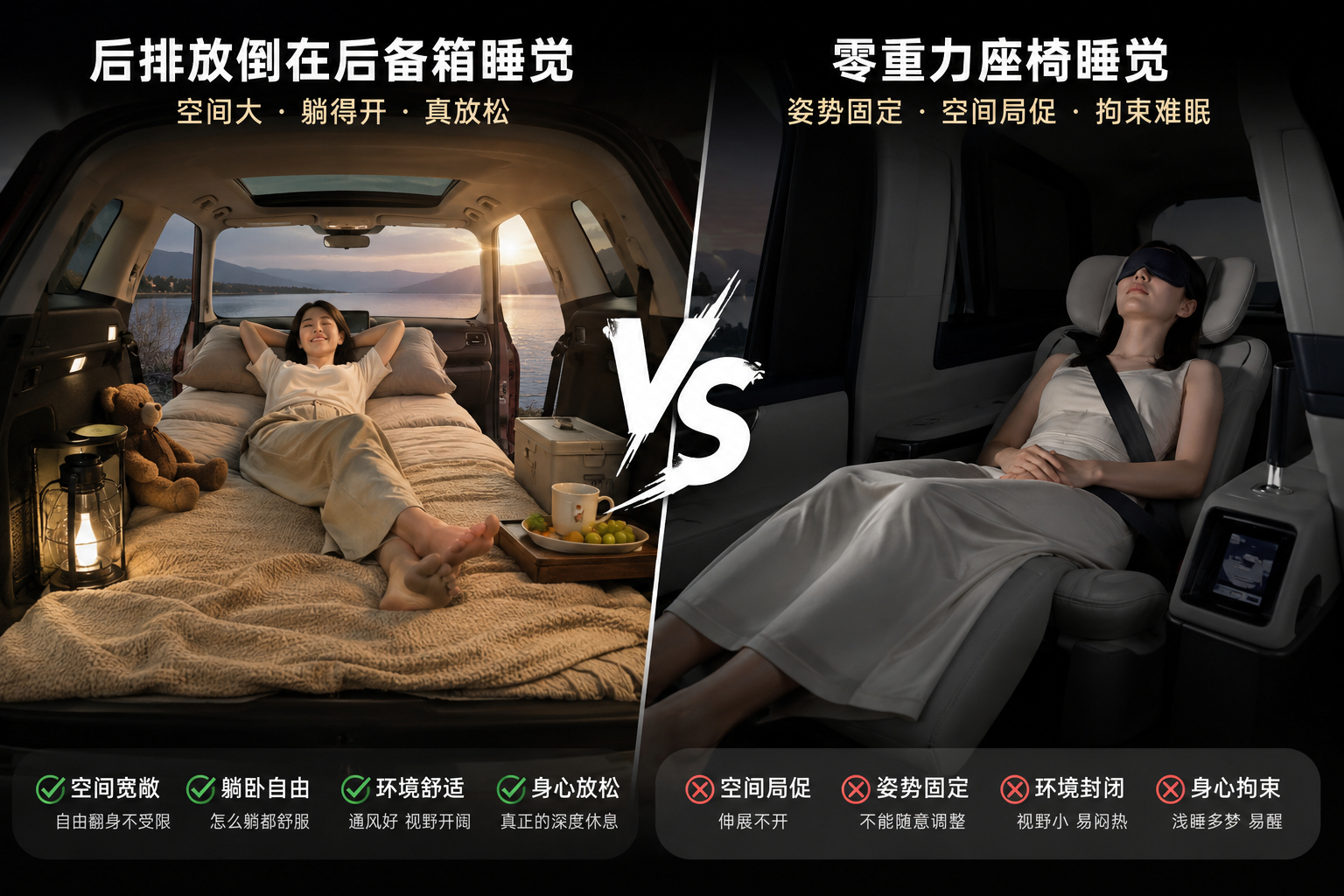 很奇怪的一个现象，对于午休这种短时间的休息，我原以为后排放倒铺床垫能睡得更快、更