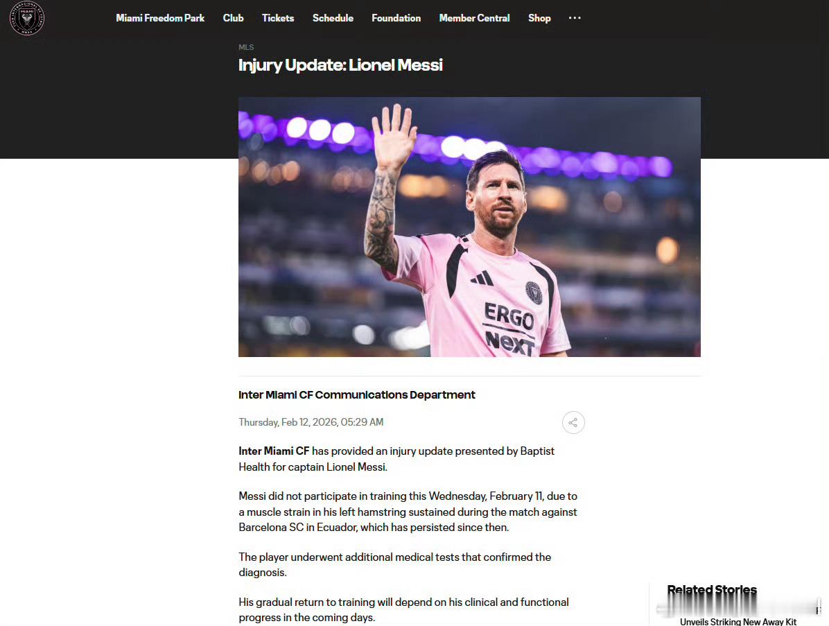 梅西左腿腿筋拉伤 📝迈阿密国际官方:2026年冠军巡回赛的最后一场比赛将推迟到
