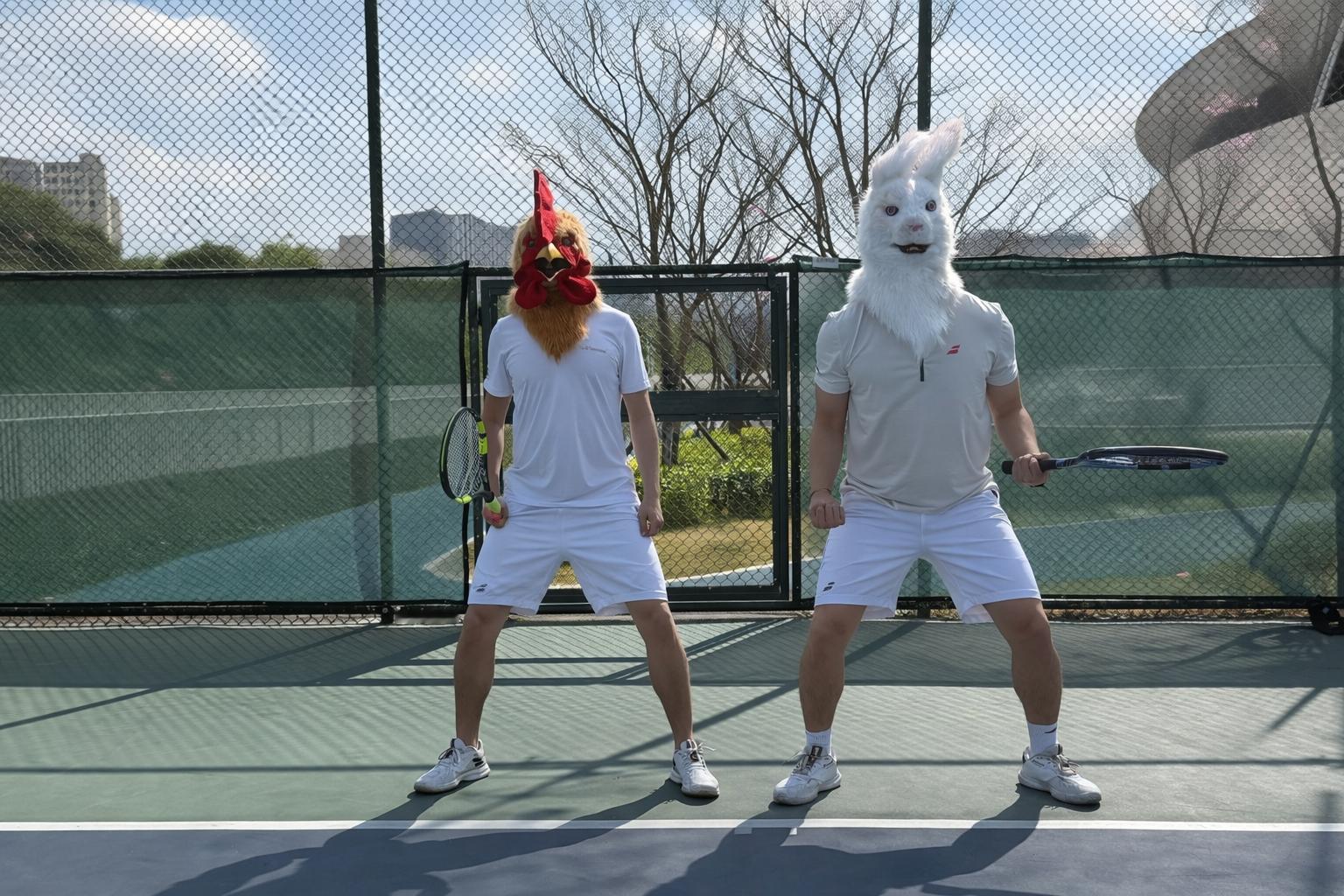 大家年初一都出门拜年逛街打麻将，我则......拉着小助理去网球场，进行一些扎马