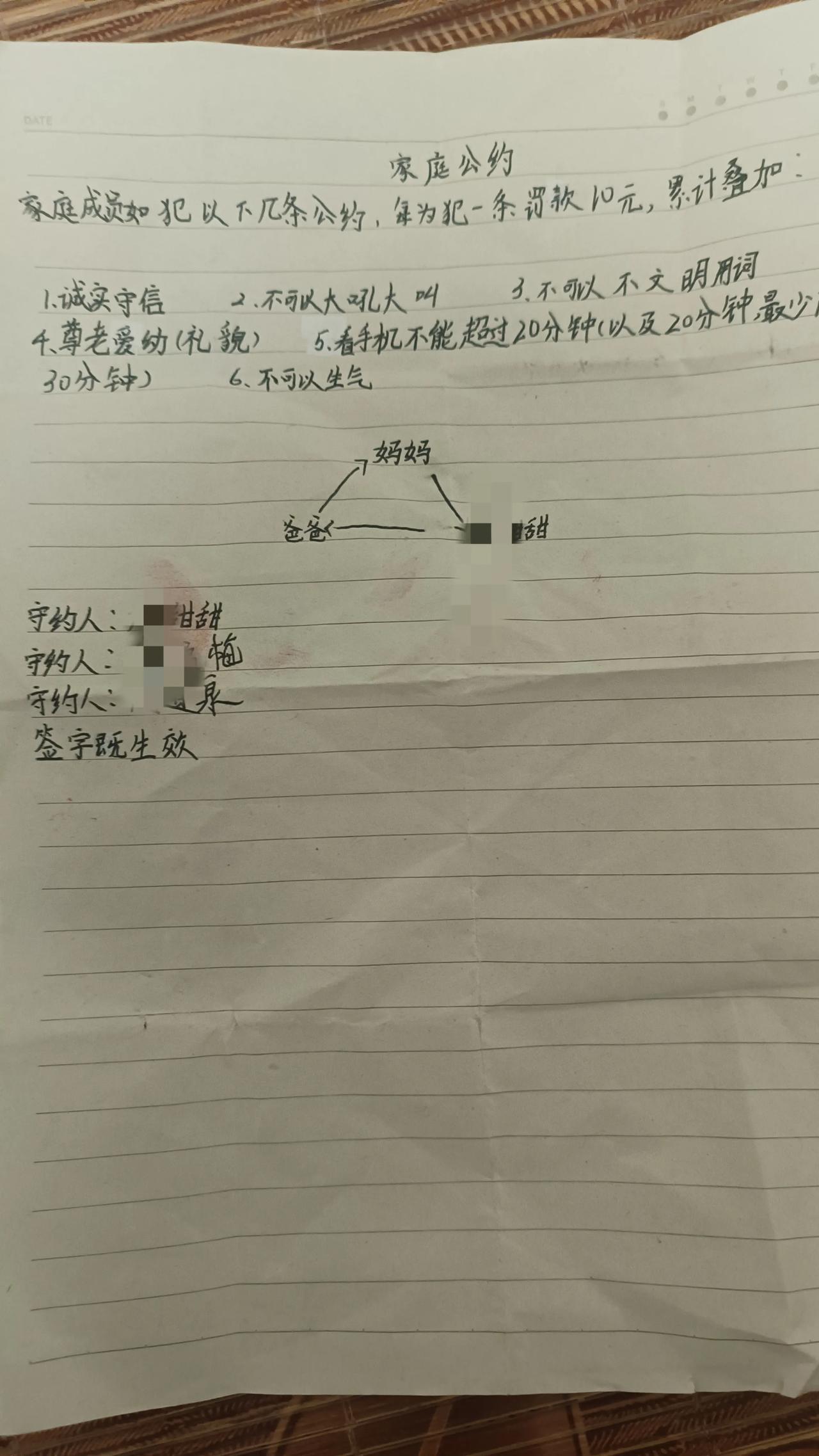 今天我和梅子还有甜甜共同协商起草了一份家庭公约，由甜甜执笔起草，我和梅子签字同意