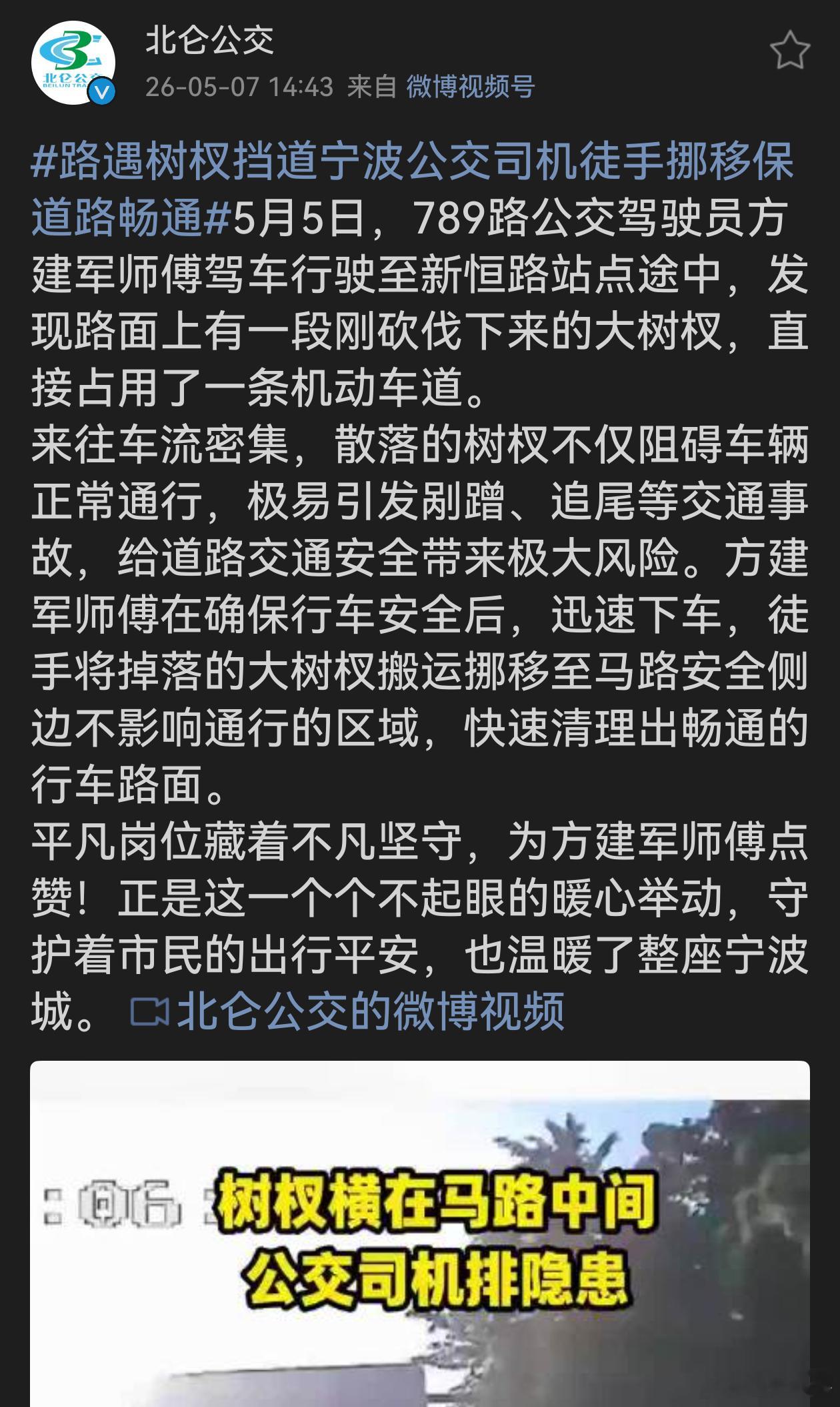 路遇树杈挡道宁波公交司机徒手挪移保道路畅通方建军师傅在平凡公交岗位上做出不凡之举