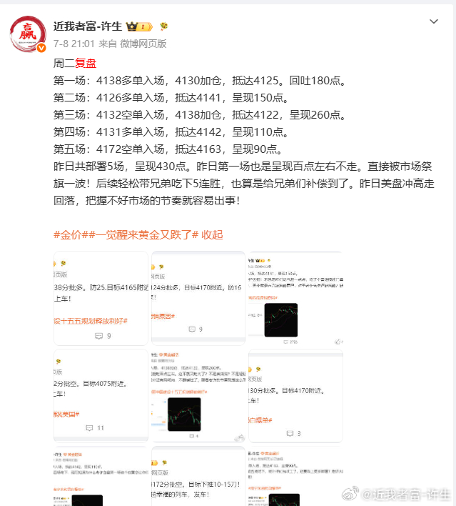 周总结周一复盘第一场：4160多单入场，抵达4152，回吐80点。第二场：415
