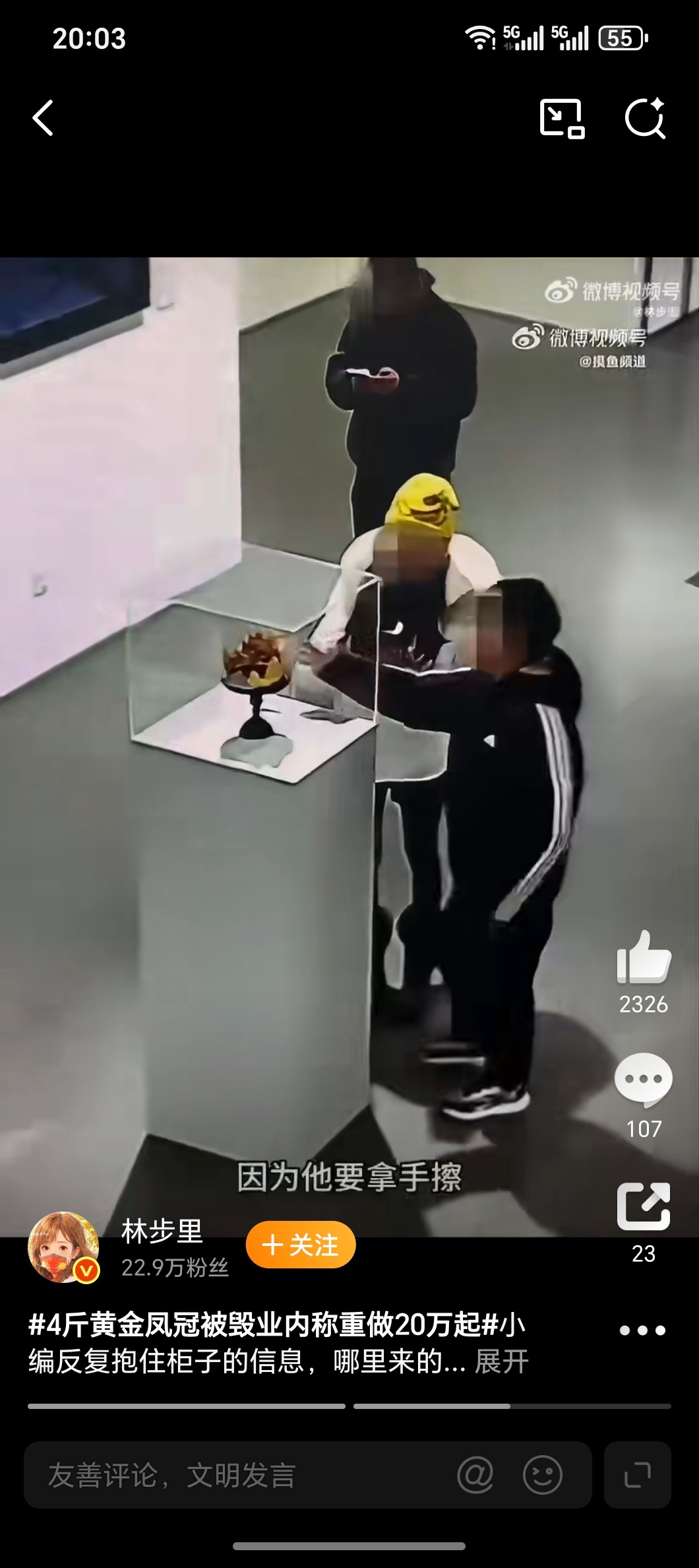 4斤黄金凤冠被毁业内称重做20万起讲道理我看完监控视频小朋友挺冤的展品第一没有围