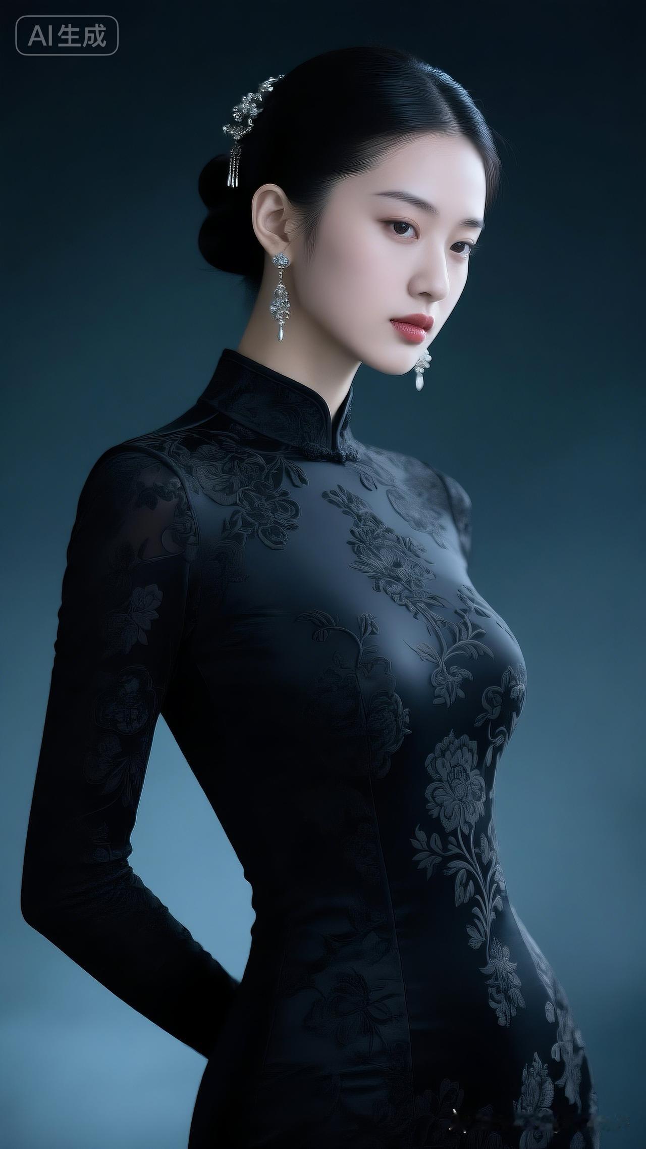 东方女神束古典发髻，缀简约头饰与精致耳坠。紧身宫廷花纹打底衫勾勒傲人身材，精致妆