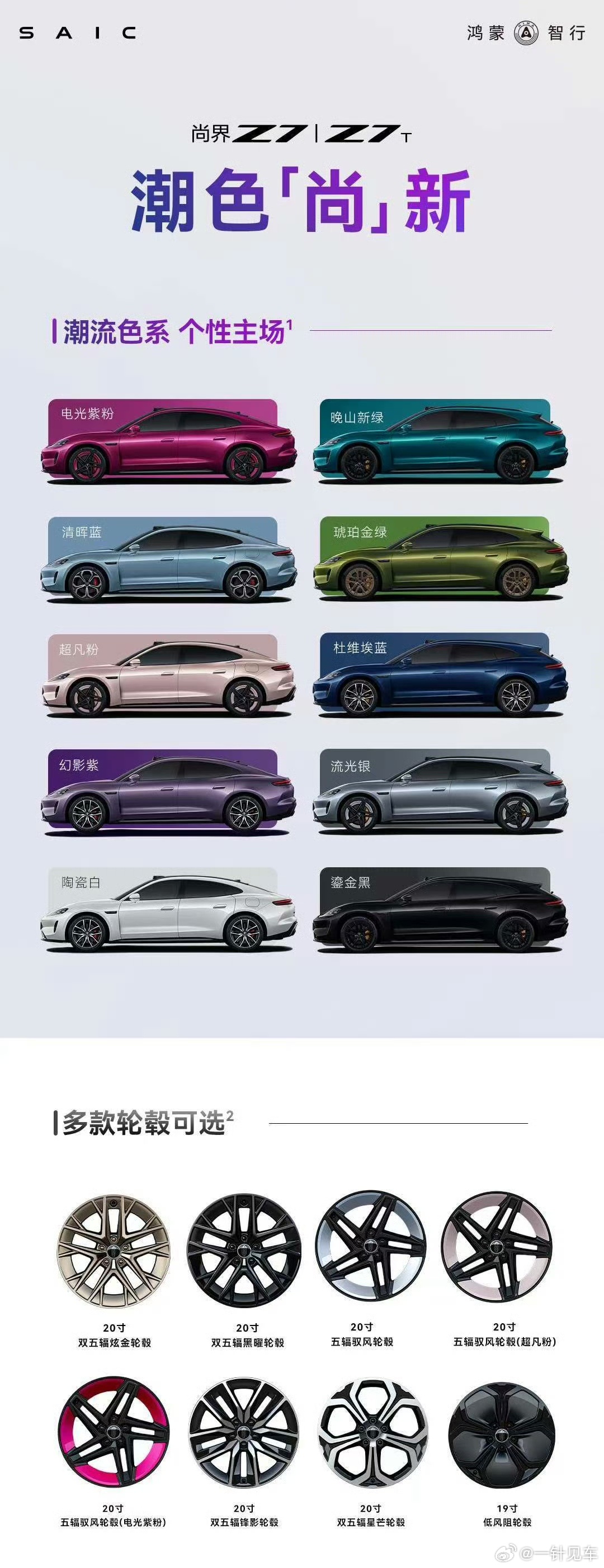 尚界Z7系列的各款车色与轮毂一览，你们会怎样组合？轮毂最喜欢的是哪款？