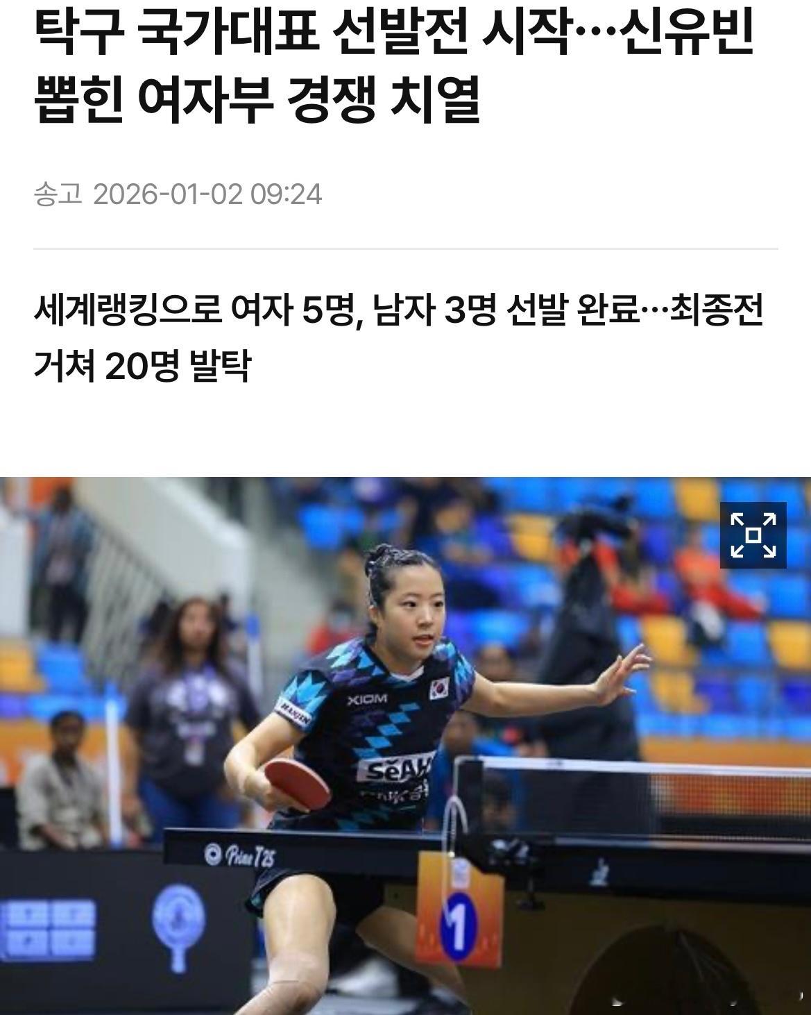 【韩媒】国家乒乓球队选拔开始……女子队竞争加剧，申裕斌入选。根据世界排名选拔出五