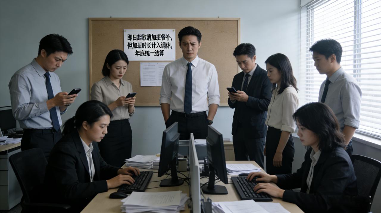 公司效益不好，说要降本增效。
财务发通知：即日起取消加班餐补，但加班时长计入调休