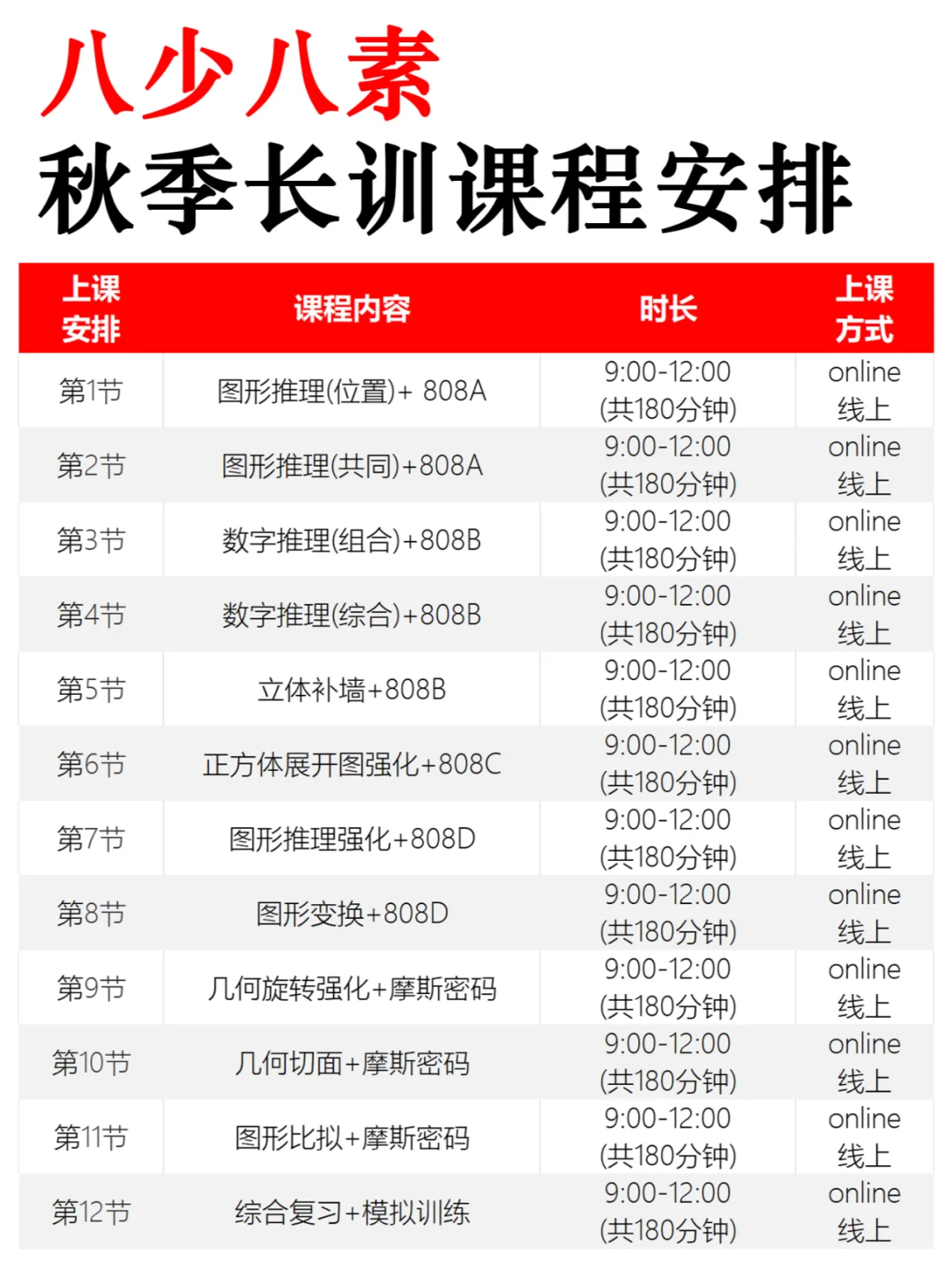 八少八素秋季长训课表‼️【不接受插班】